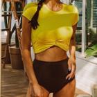 Set: Short-sleeve Twisted Cropped Swim Top + Swim Bottom