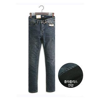 Distressed Fleece-lined Slim-fit Jeans