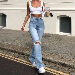 Ripped-knee High-waist Boot-cut Jeans