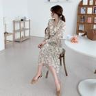 Frill-hem Crinkled Long Floral Dress Cream - One Size