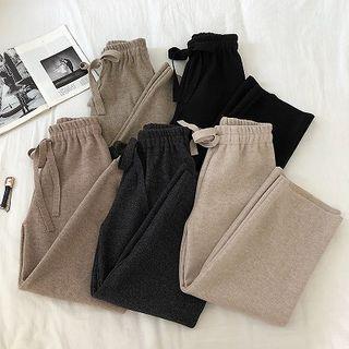 Plain High-waist Lace-up Fleece Knit Wide-leg Pants