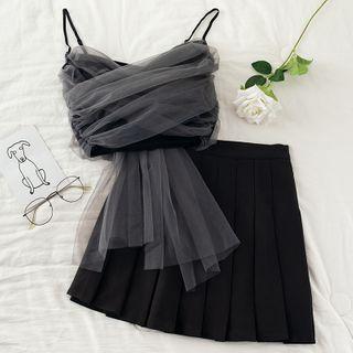 Set: Mesh Panel Camisole Top + Pleated Mini A-line Skirt
