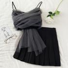 Set: Mesh Panel Camisole Top + Pleated Mini A-line Skirt
