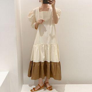 Two-tone Puff-sleeve Tiered Maxi A-line Dress