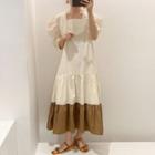 Two-tone Puff-sleeve Tiered Maxi A-line Dress