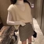 Long-sleeve Turtleneck Top / Sweater Vest / Plaid Mini A-line Skirt