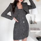Set: Cropped Open-front Tweed Jacket + Sleeveless Button-up Mini Bodycon Dress