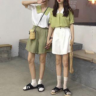 Two-tone Short-sleeve Blouse / High-waist Wide-leg Shorts