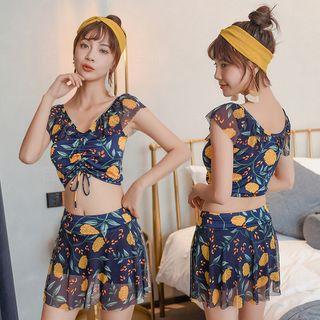 Set: Flower Print Drawstring Tankini Top + Swim Skirt