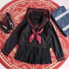 Set: Bow Accent Sailor Collar Long Sleeve Top + Pleated Skirt