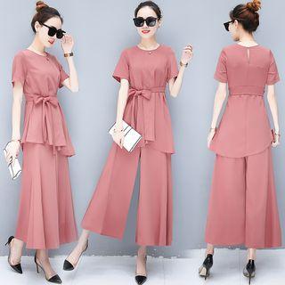 Set: Tie Waist Short-sleeve Top + Wide-leg Pants