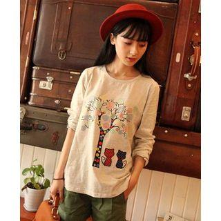Long-sleeve Applique Printed Top Off-white - One Size