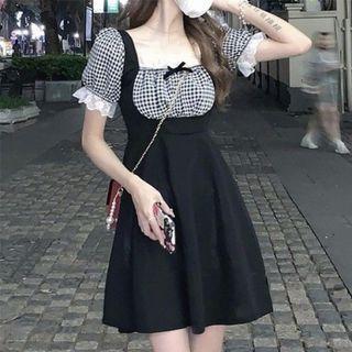 Mock Two-piece Puff-sleeve Lace Trim Plaid Dress