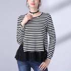 Lace Panel Long-sleeve Striped T-shirt