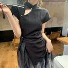 Short-sleeve Cutout Qipao Top / Gradient Midi Skirt