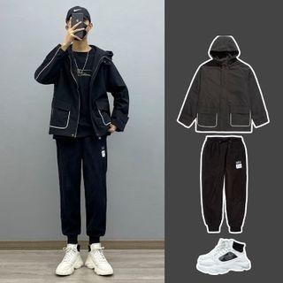 Loose-fit Hooded Jacket / Long-sleeve Two-tone Lettering T-shirt / Lettering Joggers