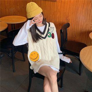 Set: Long-sleeve Cutout Top + Applique Knit Vest