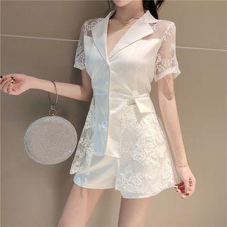 Short-sleeve Lace Panel Top + Plain Shorts