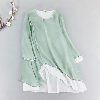 Long-sleeve Faux Pearl Accent Cheongsam Top
