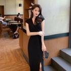 Cap-sleeve V-neck Slit Midi Sheath Knit Dress