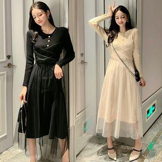 Mesh Overlay Knit Maxi Dress