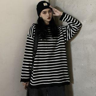 Striped Long-sleeve Knit Top Black & White - One Size