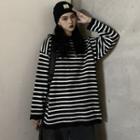 Striped Long-sleeve Knit Top Black & White - One Size