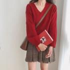 Set: V-neck Sweater + Mini Plaid Pleated Skirt