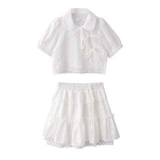 Short-sleeve Bow Detail Blouse / Ruffle Mini A-line Skirt