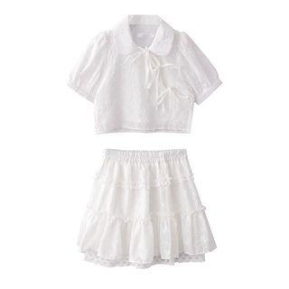 Short-sleeve Bow Detail Blouse / Ruffle Mini A-line Skirt