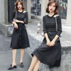 Set: 3/4-sleeve Striped Cut-out Knit Top + A-line Skirt