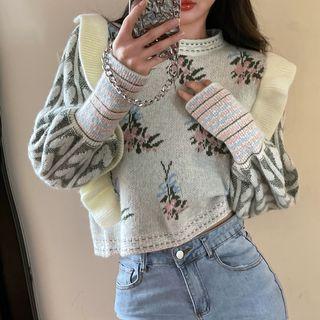 Round-neck Jacquard Knit Sweater Gray - One Size
