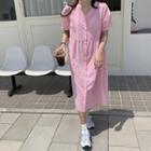 Striped V-neck Button Short-sleeve Midi A-line Dress