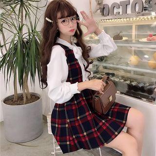 V-neck Plaid Sleeveless Dress/ Ribbon-neckline Shirt