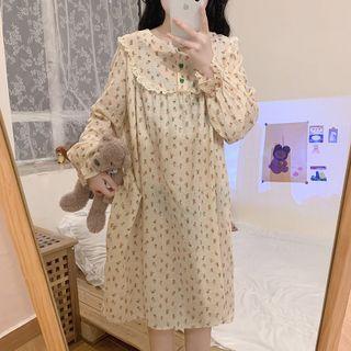 Bell-sleeve Floral Print Midi Sleep Dress Beige - One Size