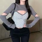 Set: Long-sleeve Cutout Cropped Knit Top + Camisole Top Set Of 2 - Top & Cardigan - Gray - One Size