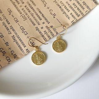 925 Sterling Silver Coin Hook Earring 1 Pair - Gold - One Size