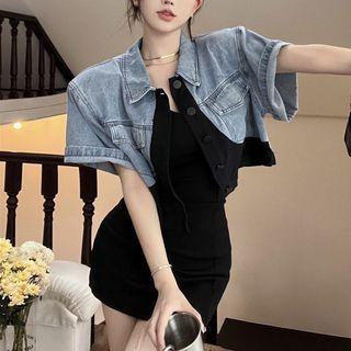 Short-sleeve Denim Shirt / Spaghetti Strap Mini Sheath Dress