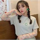 Short-sleeve Flower Print T-shirt / Long-sleeve Floral Patterned T-shirt / A-line Midi Skirt