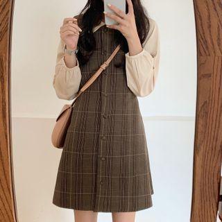 Long-sleeve Shirt + Plaid Jumper Skirt