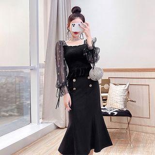 Set: Bell-sleeve Mesh Top + Midi Mermaid Skirt