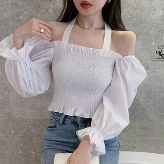 Lantern-sleeve Shirred Halter Blouse