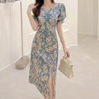 Puff-sleeve Floral Slit Midi A-line Dress Floral - Blue - One Size