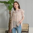 Frill-trim Shirred Floral Blouse