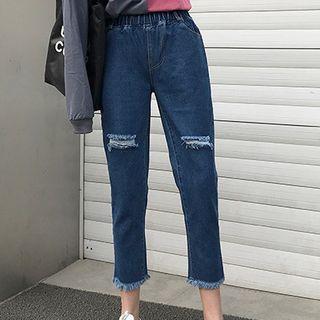 Elastic Waist Distressed Cropped Jeans