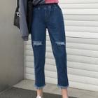 Elastic Waist Distressed Cropped Jeans