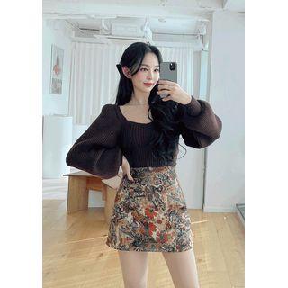 Set : Square-neck Sweater & Flower Print Miniskirt