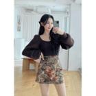 Set : Square-neck Sweater & Flower Print Miniskirt