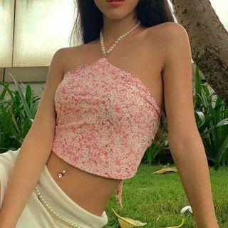 Faux Pearl Strap Floral Print Cropped Camisole Top