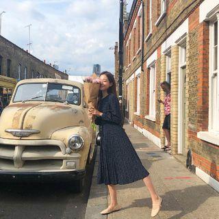 Beribboned Pleated Patterned Midi Dress Navy Blue - One Size
